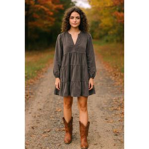 Pilcro Anthropologie Corduroy Tiered Laney Mini Dress brown Size XS Boho